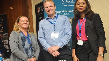(L-r): Lucy Pearson, ‎director Business Service, British Council; Mark Bentley, ‎country development manager, African and Latin America, University of East Anglia, United Kingdom, and Derby Okoh, ‎head /International Liason Officer, UEA, during the British Council Education UK Postgraduate Exhibition 2015 in Abuja.